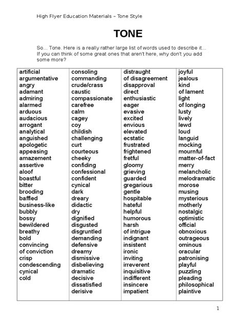Words For Describing Tone For Writing Commentary Pdf