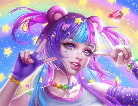 Fantasy Girl Smiling Purple Hair Animal Ears Fantasy Hd Wallpaper