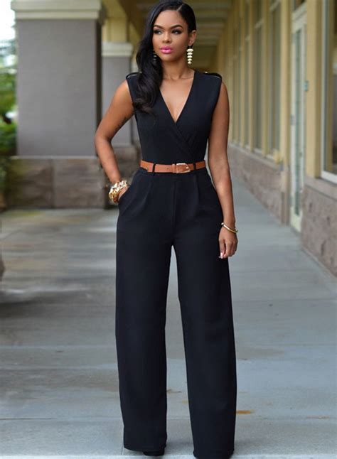 V Neck Sleeveless Wide Leg Jumpsuit With Belt Wide Leg Jumpsuit