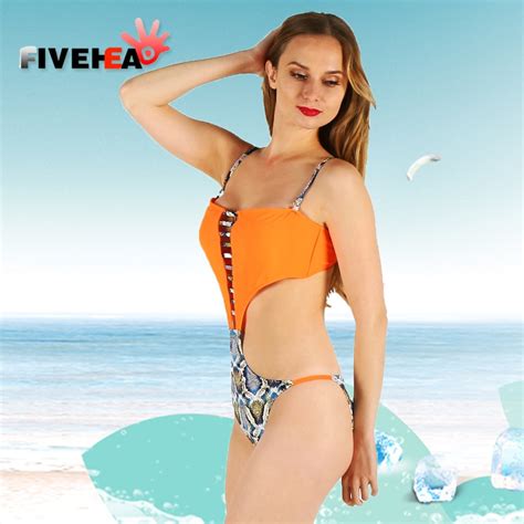 One Piece Women Swimwear Sexy Sling Halter Printed Orange Solid Color