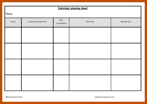 Planning sheets - Elsa Support