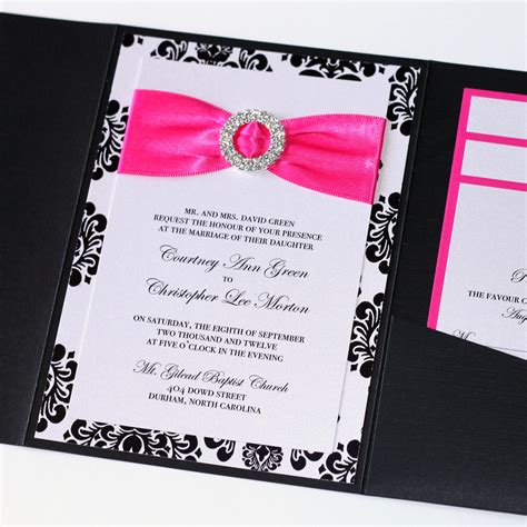 Damask Wedding Invitation Black White And Hot Pink Embellished