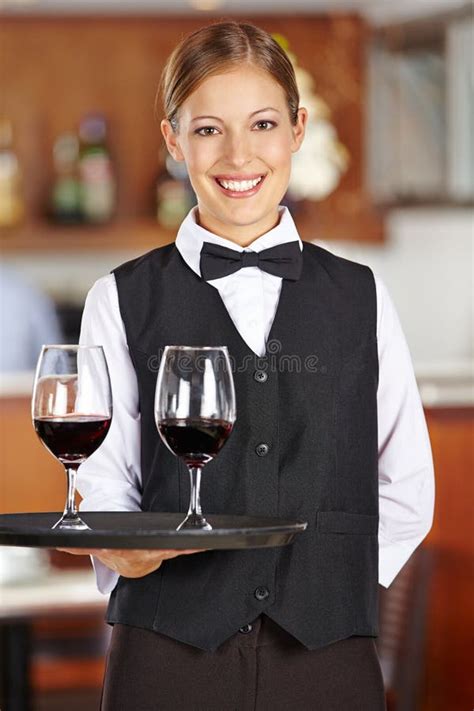 Happy Female Waiter With Wine Glasses Stock Image Image Of Gastronomy