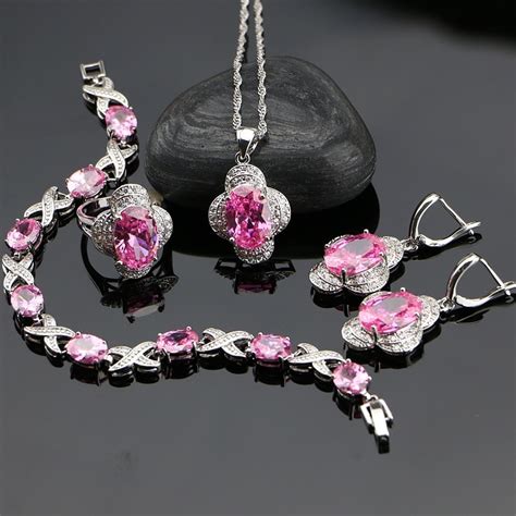 Pink Zircon Stone Anniversary Sterling Silver Jewelry Sets For