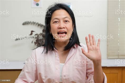Pov Asian Woman Look At Computer Screen When Visit Doctor On Video Call