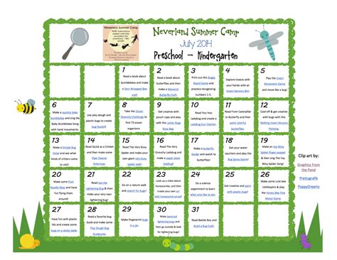 July Neverland Summer Camp Preschool And Kindergarten Calendar Insect