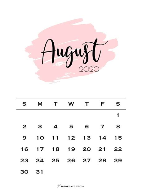 Cute And Free Printable August 2021 Calendar Saturdayt Calendar