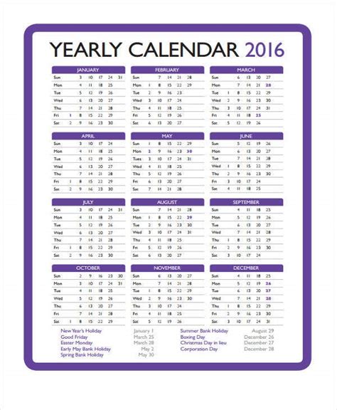 10 Yearly Calendar Templates Sample Example Format Download Gambaran