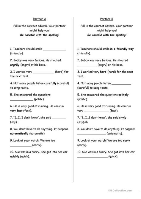An adverb of manner is a word that describes (gives extra information about) the verb in a sentence. Adverbs of manner worksheet - Free ESL printable worksheets made by teachers