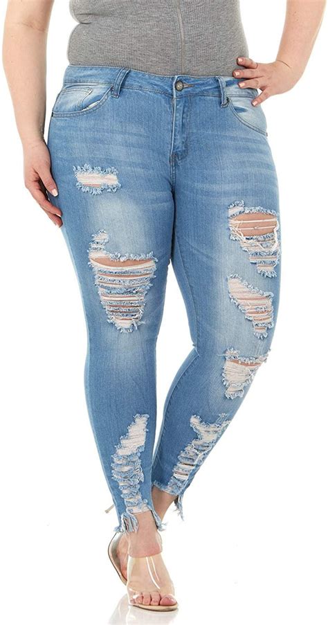 Cute Ripped Jeans For Teen Girls Distressed Washed Skinny Cropped Torn Hem Light Blue Denim