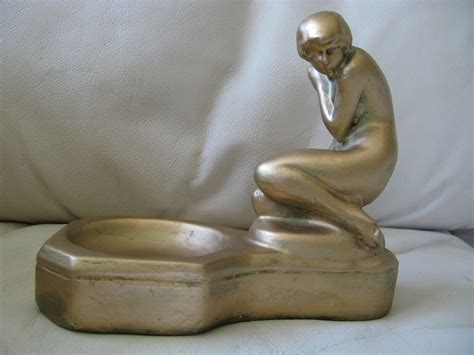 Antique Art Deco Gold Chalkware Nude Woman Soap Dish Card Tray Statue 7