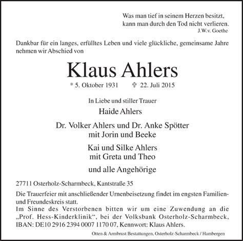 Traueranzeigen Von Klaus Ahlers Trauer And Gedenken