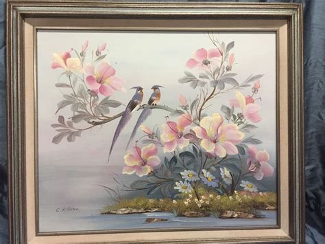 Vintage Original Oil Painting Artist Signed Birds Floral Asian Ck Chan