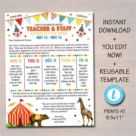 Circus Theme Teacher Appreciation Week Printable Party Set — Tidylady Printables