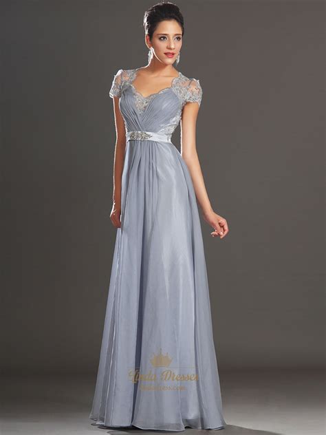 Grey Chiffon A Line V Neck Cap Sleeve Prom Dress With Illusion Lace