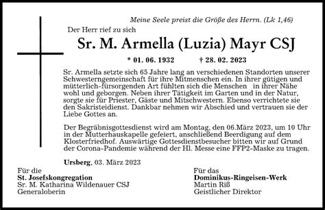Traueranzeigen Von Armella Mayr Augsburger Allgemeine Zeitung
