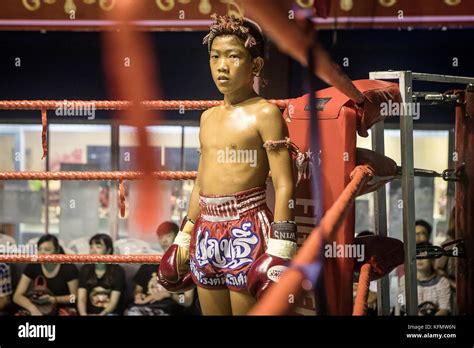 Portrait Boy Muay Thai Boxer Before The Fight Starts Bangkok