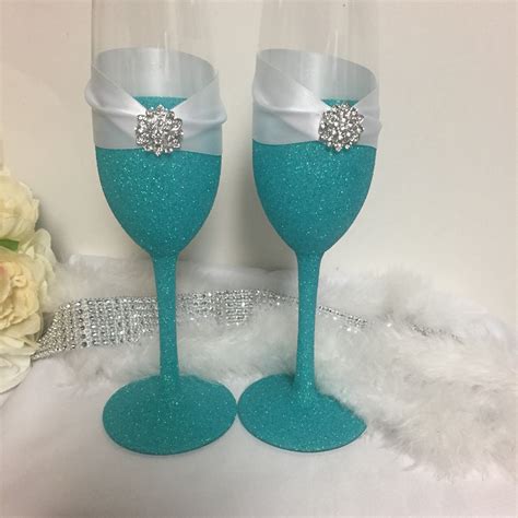 Wedding Toasting Flutes Blue Glitter Bling Wedding Etsy