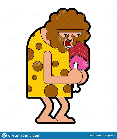 Caveman Eating Meat Prehistoric Man And Meat On Bone Ancient Man Cartoon Vector