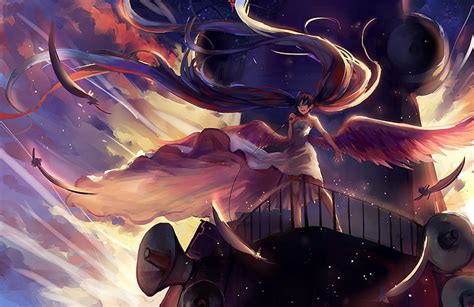 Hd Wallpaper The Sky Girl Clouds Wings Anime Feathers Art