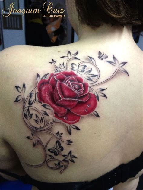 Recalling the stencil of a rose tattoo, our rosebud places a rose cut diamond dotting its center and diamonds studding its surrounding petals. Rose Tattoos On Back Shoulder With Name | Back of shoulder ...