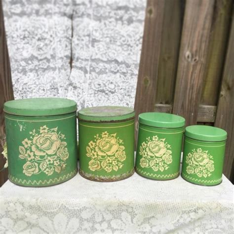 4 Antique Floral Green Canisters Set Tin Shabby Chic Mid