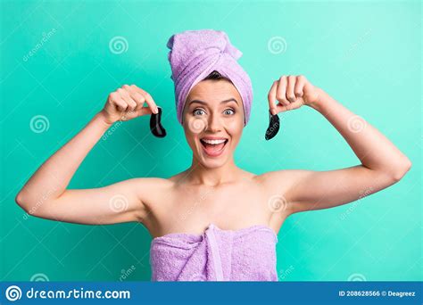 Photo Of Funny Excited Lady Hold Patches Open Mouth Wear Violet Towel