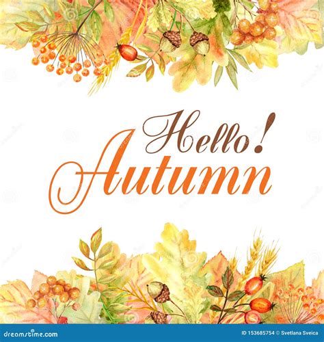 Hello Autumn Leaf Frame Isolated On A White Background Watercolor