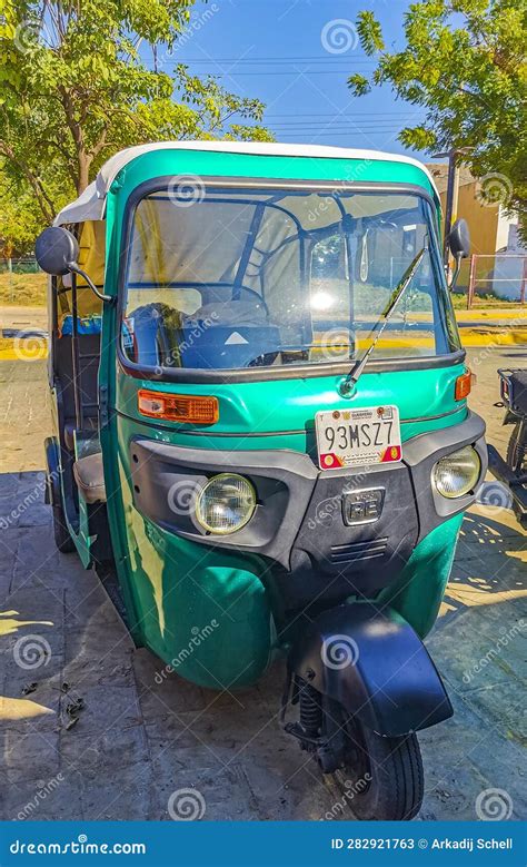 Green Turquoise Tuk Tuk White Tuktuks Rickshaw In Mexico Editorial