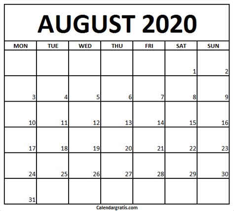 Printable August 2020 Calendar Holidays Template Png