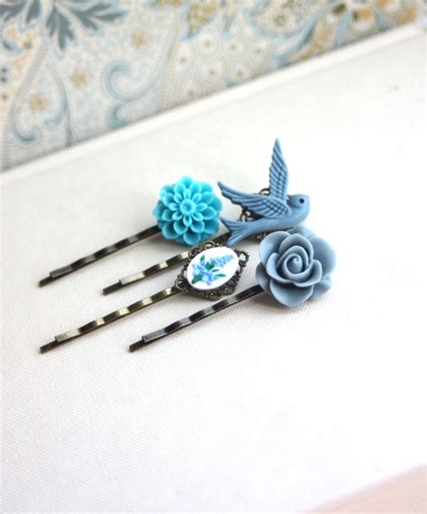 Shabby Blue Flower Bobby Pins Floral Hair Accessories Flying Bird