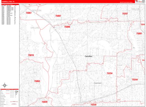 Carrollton Texas Zip Code Wall Map Red Line Style By Marketmaps