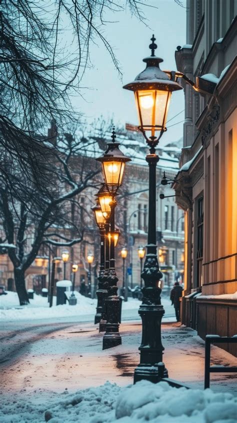 Snowy Street With Lampposts Winter City Scene Illuminated Lanterns In