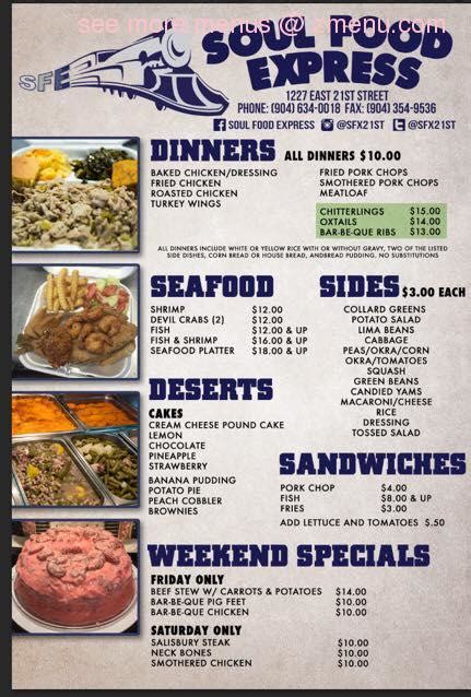 Check out our location and hours, and latest menu with photos and reviews. Online Menu of Soul Food Express Restaurant, Jacksonville ...
