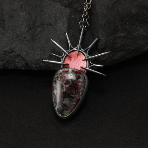 Oxidized Silver Goth Pendant Necklace With Eudialyte And Japanese Red