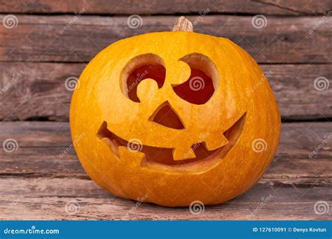 Funny Halloween Pumpkin On Wooden Background Stock Image Image Of