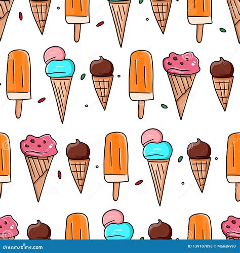 Pattern Of Ice Cream Icons On White Background Set Of Cute Cartoon Ice