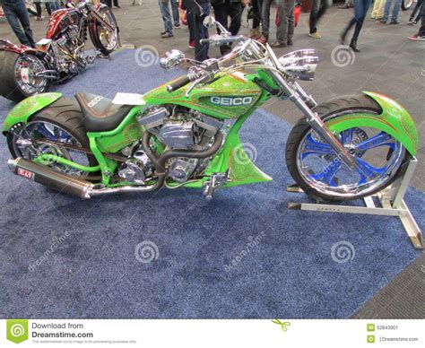 You can buy additional coverage to pay for any damage to your chrome parts and customization you've added to your bike. Green Bike Of Insurance Company Geico. 2015 New York International Auto Show. Editorial Photo ...