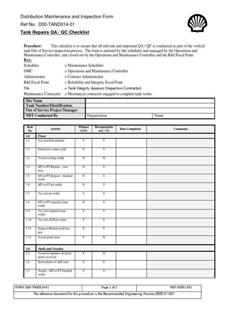 D00 Tand014 Tank Repair Qaqc Checklist Form 01 Engineering