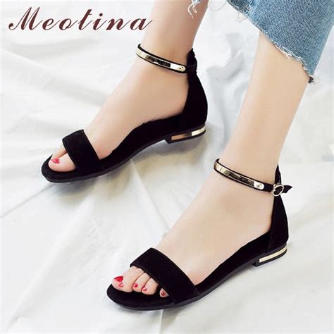 Meotina Genuine Leather Women Sandals Chunky Heels Summer Shoes 2020 Peep Toe Suede Shoes Black