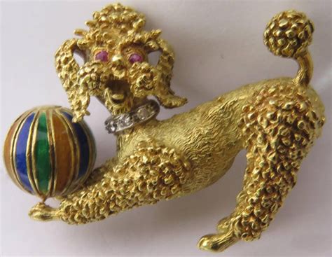 Playful Poodle Dog With Enamel Ball Ruby Eyes And Diamond Collar Gold