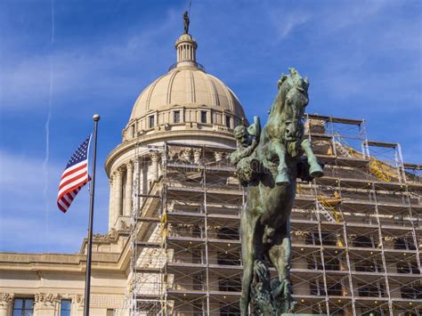Monument And Flags Of Oklahoma At State Capitol In Oklahoma City Stock