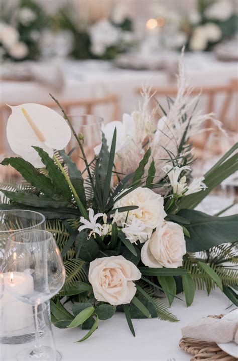 Tropical Greens Garden Blooms And White Anthurium Table Arrangement