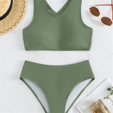 High Waisted Ink Green Criss Cross Back Bikini Swimsuit Buy More