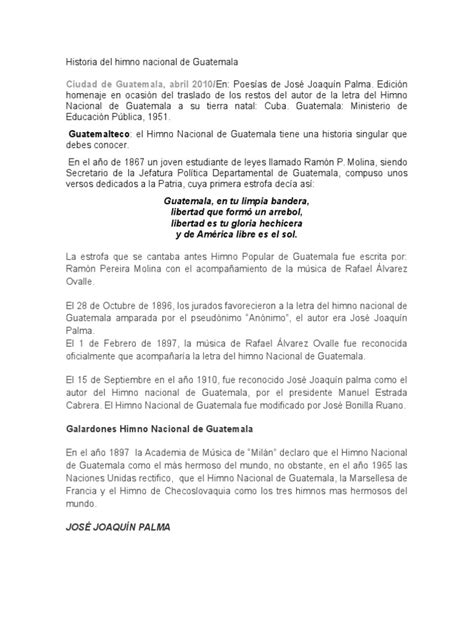 Historia Del Himno Nacional De Guatemala Pdf Entretenimiento General