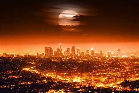 Full Moon Usa Los Angeles Skyline Night City Lights