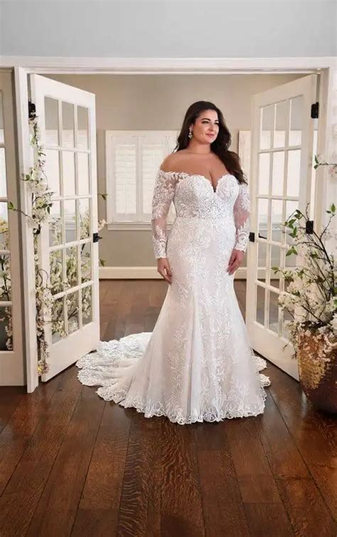 plus size fit and flare wedding dress with long sleeves essense of australia wedding dresses