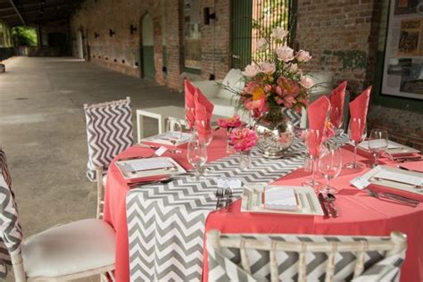 Preppy Coral And Gray Wedding Tabletop From Flowers By Gary Heart Of