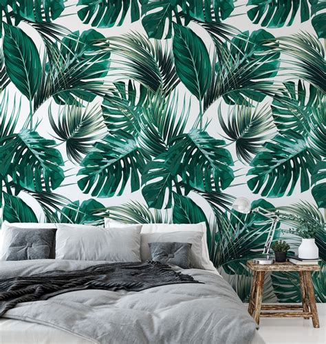 Tropical Removable Wallpaper Palm Leaves Wallpaper Modern Etsy