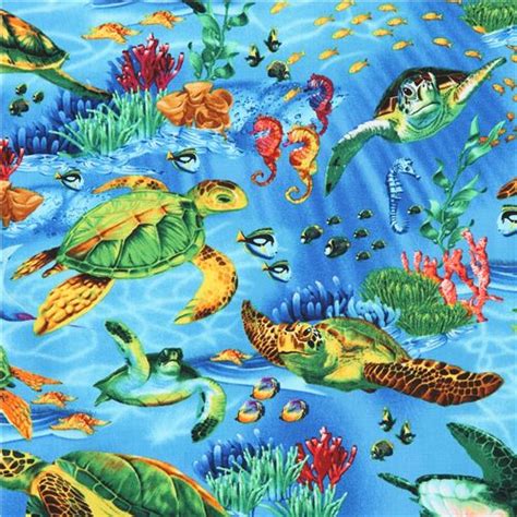 Swimming Sea Turtles Print In Shades Of Blue And Green Pure Cotton